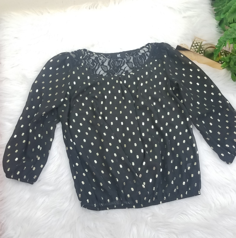 IZ BYER BLOUSE 3/4 SLEEVE BLACK DOTS GOLDE N SZ S